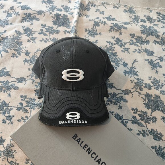 Balenciaga Dark Grey Distressed Double-B Logo Baseball Cap